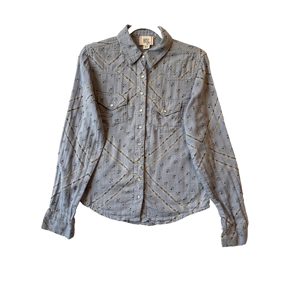 BDG Ariella Western Blue Floral Pearl Snap Button Cotton Shirt M Cowgirl Rodeo‎